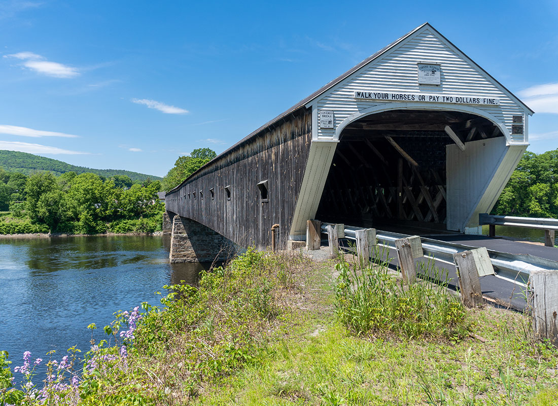 Windsor, CT - Aerial View of a Covered Bridge in Windsor, CT
